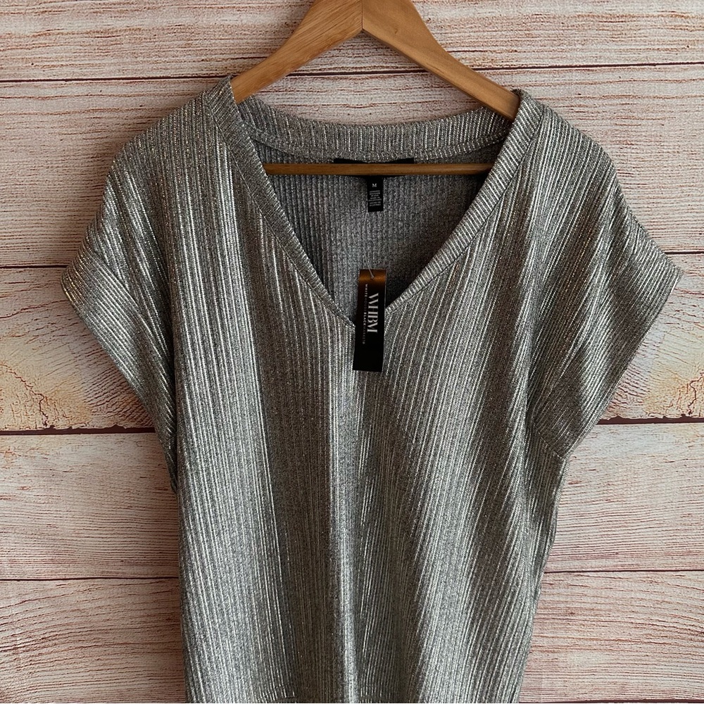 White House Black Market Metallic Ribbed V-Neck Top